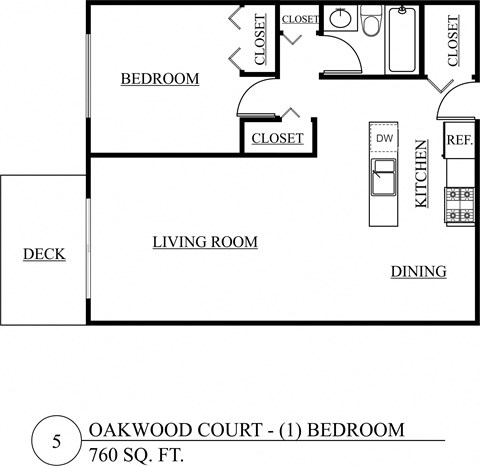 Floor plan for 1 bed, 1 bath, 760 sqft
